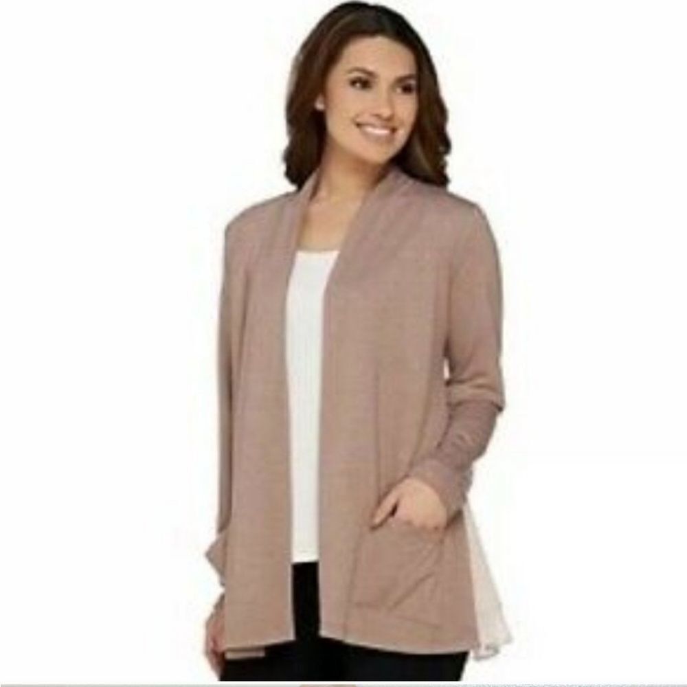 Logo Lounge Lori Goldstein Open Cardigan Cocoa Layered Swiss Dot Chiffon Hem XS